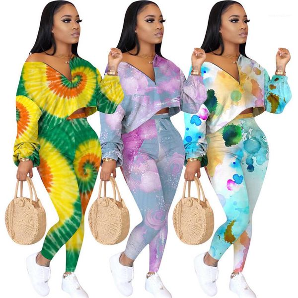 

slim long sleeve v neck tracksuits fashion womens high waist tracksuits women designer tie dyed tracksuits casual 2 piece pants, Gray