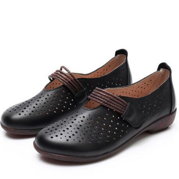 

2020 new round toe breathable hollow women shoes soft cowhide leather sandals casual large size fashion elegance flat shoes, Black