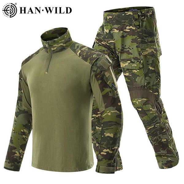 

han wild hunting suit camouflage tactical uniform g3 army combat sets airsoft paintball multicam cargo pant t-shirts with 4 pads, Gray;blue