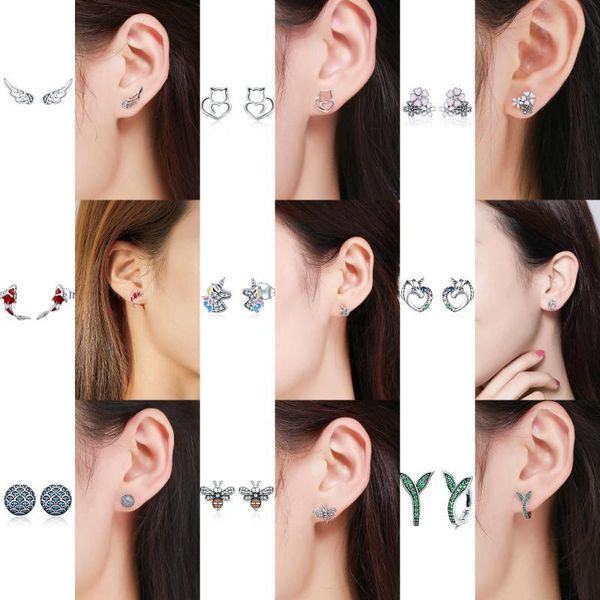 

wostu earrings for women 100% 925 sterling silver green and rose gold surface stud earrings orecchini fashion jewelry, Golden;silver