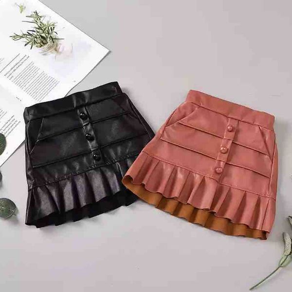 

girls pu leather skirt kids double falbala skirt children buckle elastic high waist princess skirt autumn winter new kids clothes a4142