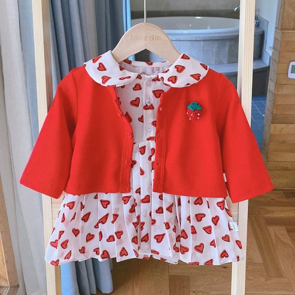 

halilo baby girl thanksgiving outfit red knitted coat + girls romper dress 2pcs 2020 autumn kids clothes infant clothing set, White
