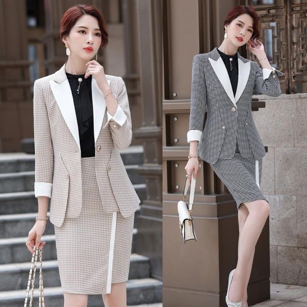 

fashion casual apricot blazer women business suits with skirt and jacket sets ladies work wear office uniform styles, White