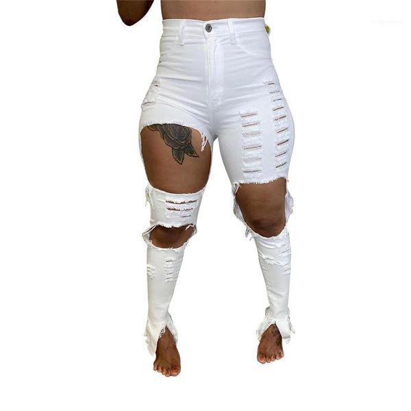 

casual natural color slim full jeans womens clothing women jeans fashion hole panelled split ankle strap jeans, Blue