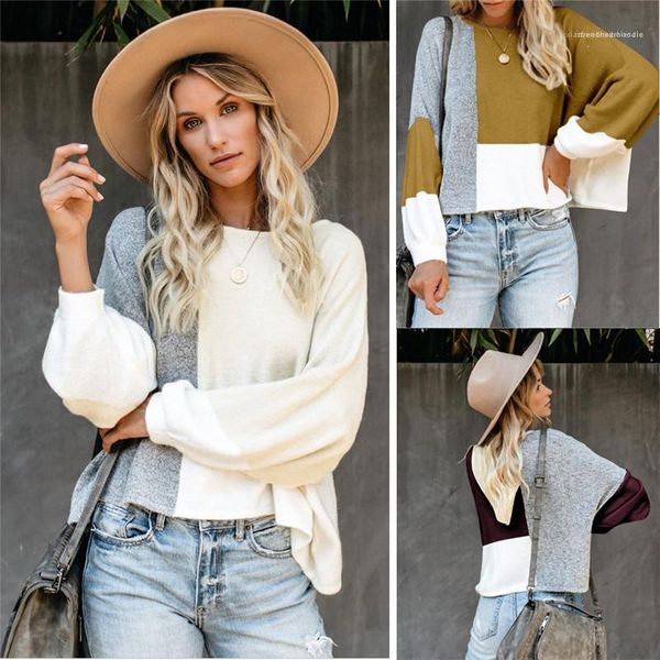 

printed contrast color lantern sleeve loose casual females clothing autumn winter womens designer sweaters geometric, White;black