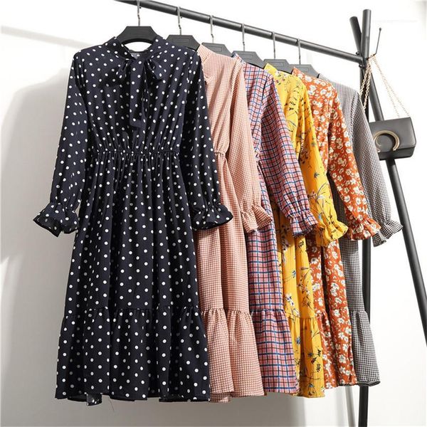 

vestido women casual dress lady korean style vintage floral printed chiffon shirt dress long sleeve bow loose summer midi dress, Black;gray