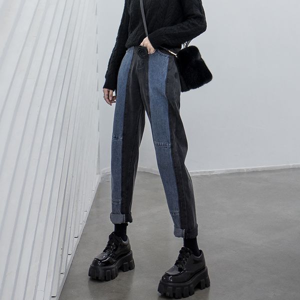 

ewq] 2020 spring autumn new contrasting color stitching jeans women oversized fat loose straight leg all-match pants 3ac073, Blue