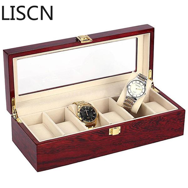 

LISCN 2019 New Luxury Wood 6 Grid Red Watch Box Storag Display Watches Boxes Display Jewelry Case Organizer Holder Promotion Box