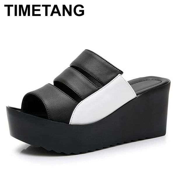 

slippers timetang summer genuine leather platform wedges sandals women fashion high heels woman shoes size 34-41, Black