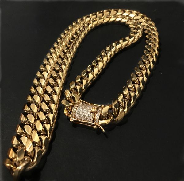 

14mm men cuban miami link bracelet chain set rhinestone cz clasp stainless steel gold hip hop necklace chain jewelry set, Silver