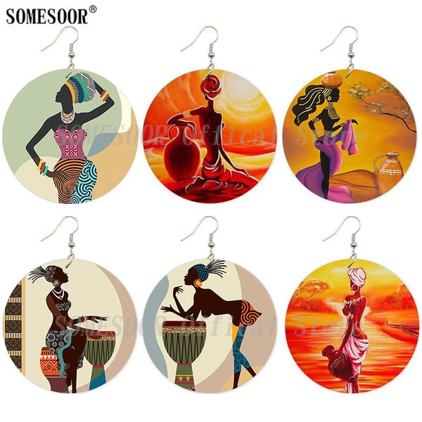 

somesoor african tribal culture arts painted wooden drop earring afro headwrap woman wood loops dangle jewelry for blacks gifts, Silver