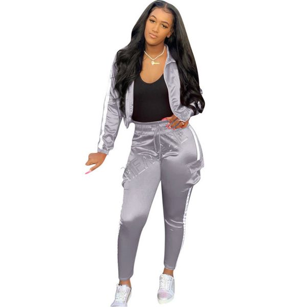

2020 reflective stripe women tracksuit designers zipper jackets crop + pants two pieces sets patchwork outfits casual sports set d92301, White