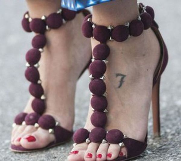 

designer shoes women summer button studded sandals pyramid studs decorated high heels pom pom stiletto heels pumps sale, Black