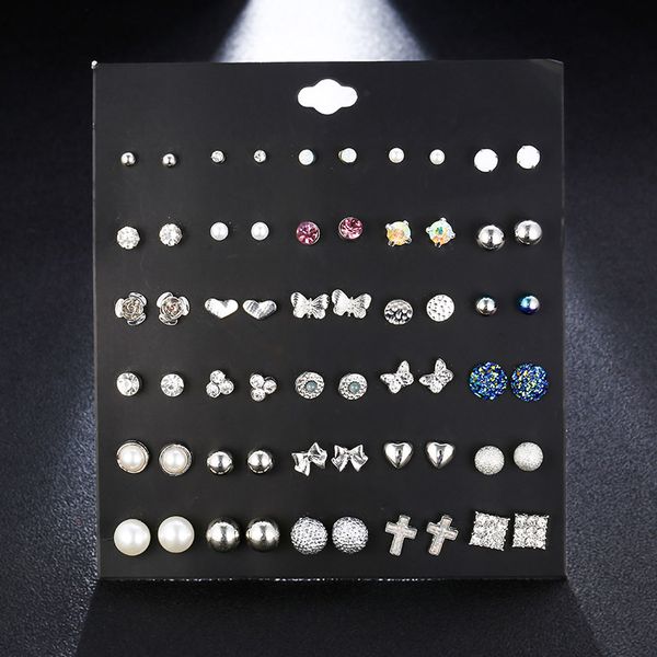 

stud fashion heart flower earrings set for women 2021 trendy crystal rhinestone pearl wedding party gift, Golden;silver