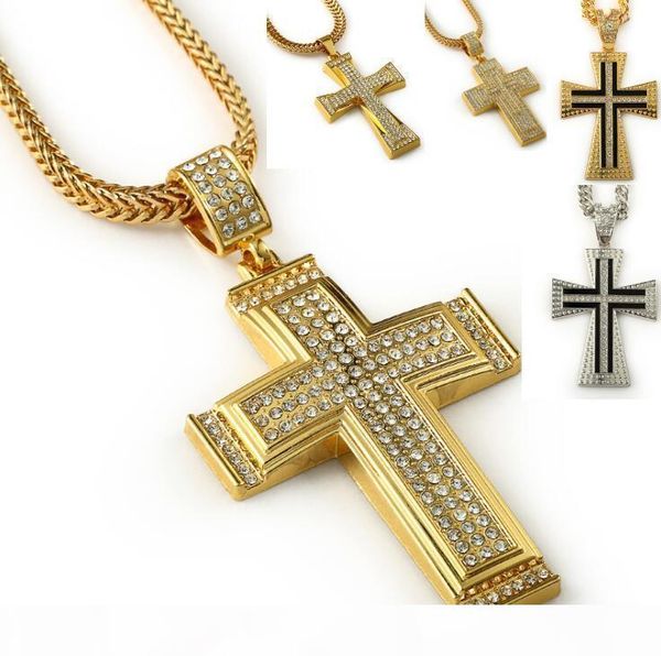 

4 styles 18k gold plated chain hip hop crystal rhinestones cross pendant necklace iced out bling jewelry, Silver