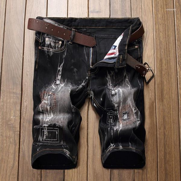 

summer knee length pants street style mens clothing mens mid waist jeans mens designer pocket irregular printed, Blue