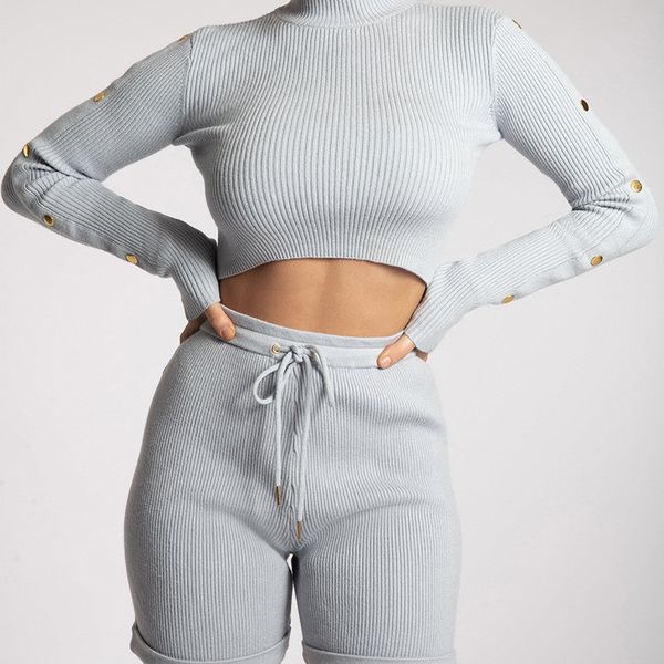 

ribbed button decorated two pieces sets women autumn long sleeve o neck casual ladies tracksuit drawstring streetwear, Gray