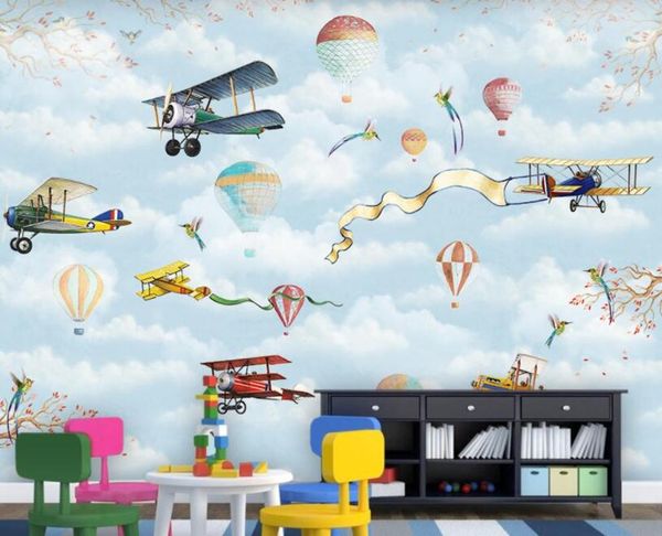 

cjsir custom children s room decoration wallpaper cartoon air balloon cherry blossom retro airplane clouds 3d wallpaper