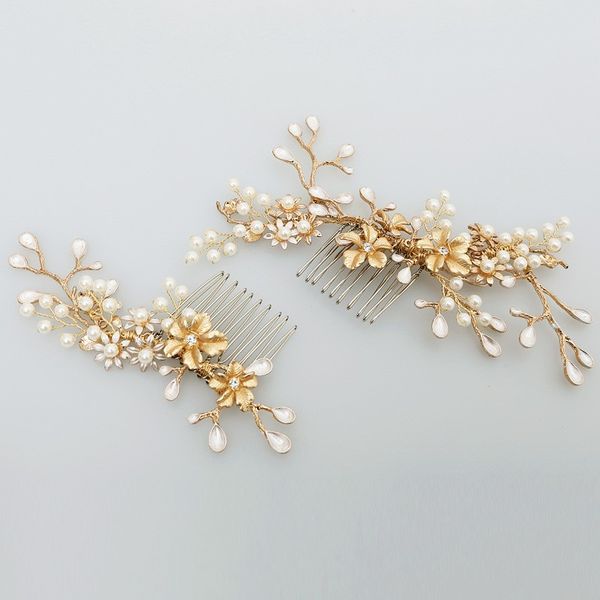 

new design gold branch flower hair comb pearl wedding hair jewelry accessories vintage bridal combs headwear, Slivery;golden