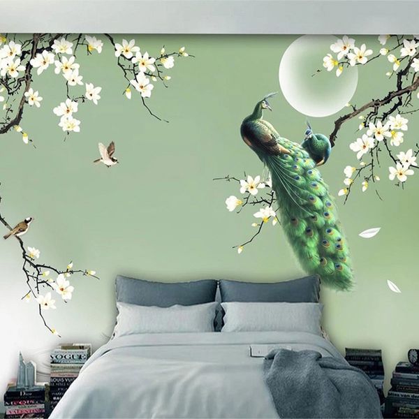 

custom mural wallpaper chinese style hand-painted magnolia green peacock flowers birds p wall paper living room tv 3d fresco