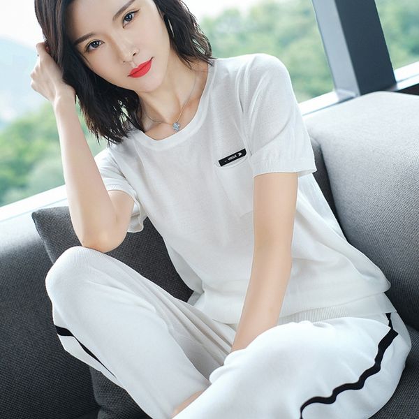 

short sleeve thin ice silk knitted sports short sleeve suitthin ice suit women's summer fashion slimming sportswear casual two-piece su, Gray