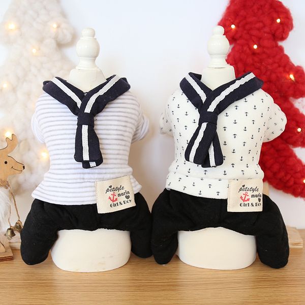 

new style jumpsuits for autumn and winter sailor style velvet four-legged warm pet clothes with tie decor dogs pets accessories