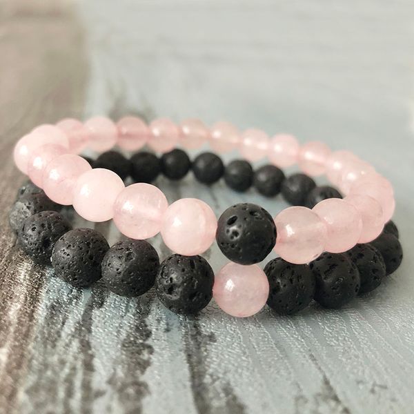 

couples bracelets friendship black lava rock rose quartzs natural stone beaded bracelet elastic bracelet yoga men women, Golden;silver