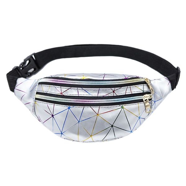 

4 colors holographic waist bags women fanny pack female belt bag geometric packs patchwork chest phone pouch