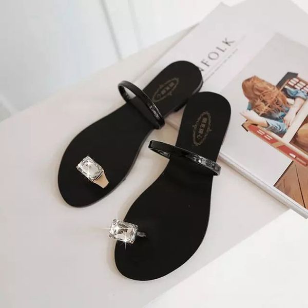 

sandals slippers women 2020 flat bottom toe large rhinestone women slippers light breathable, Black