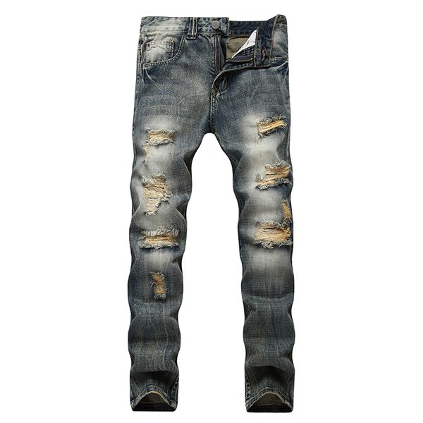 

brand motorcycle jeans men straight jeans plus size streetwear men ripped denim pants new famous, Blue