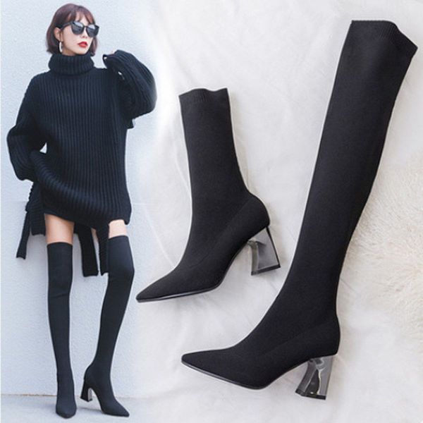 

boots 2021 wool stretch women's over-the-knee thin stocking thick high-heeled socks short, Black