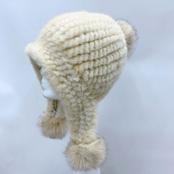 

genuine hat with earflap real fur pompom white beige color winter women warm knitted fur hats fahion lady cap h173, Blue;gray