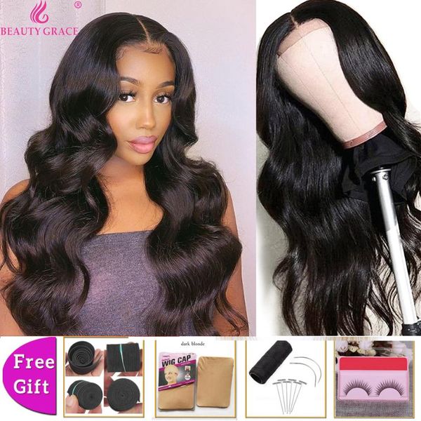 

beauty grace 4x4 body wave lace wig human hair lace closure wig density 150% brazilian remy hair 10-26 inches, Black;brown