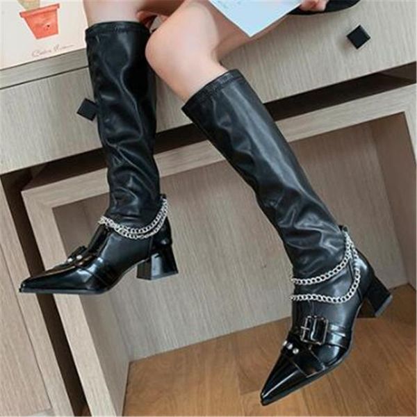 

autumn fashion chunky high heels shoes woman 2020 knee high boots women fashion pointed toe chain decorat long motorcycle boots, Black