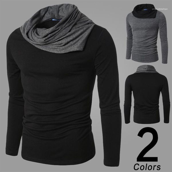 

long sleeve stacked neck casual mens clothing spring autumn male designer cotton tshirts slim solid color, White;black