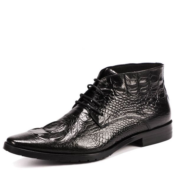 

boots 2021 men genuine leather lace up dress cow crocodile pattern ankle man casual shoes, Black