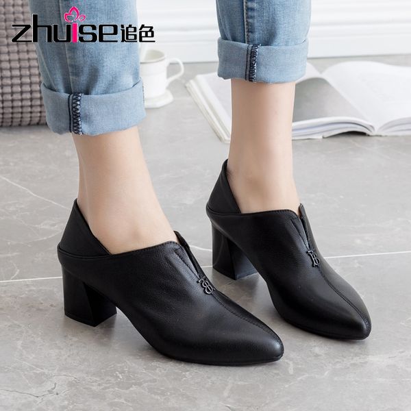 

zhuise 2020 the new genuine leather high heels deep mouth single shoes platform women's pumps spring and autumn, Black