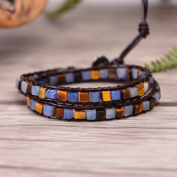 

geometric kyanite tiger eye wrap bracelet for women handmade braided genuine leather bracelet women men boho natural stone fashion jewelry, Black