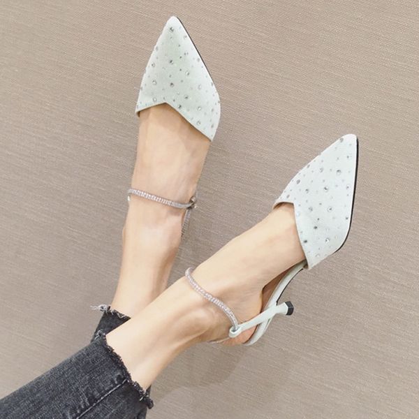 

glisten rhinestone rivets sequined cloth sandals women transparent crystal back strap stiletto low heels mules sandalias female, Black