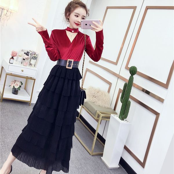 

women dreses2020 autumn new velvet bright silk halter v-neck layered cake skirt mid-length elegant dress women, White;black