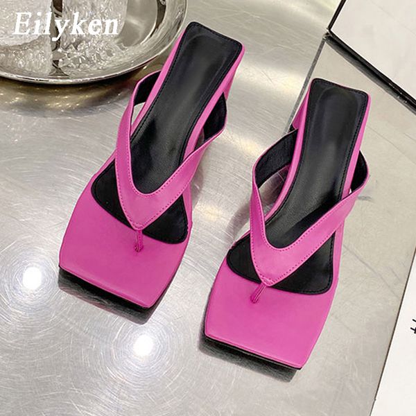 

eilyken latest popular v-neck square toe flip flops beach slippers women chunky heels ladies sandals slide shoes, Black