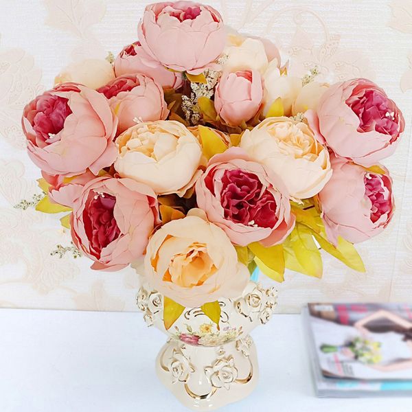 

13 heads hight quality european silk bouquet artificial flowers rose peony fake flowers leaf wedding table home party decoration