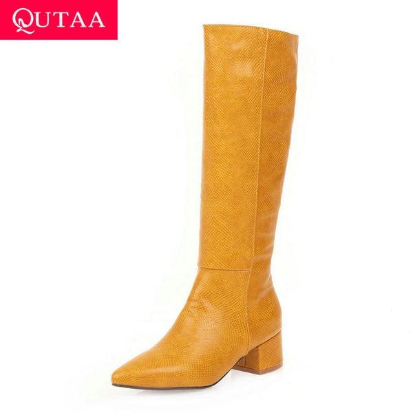 

qutaa 2020 pointed toe autumn winter all match knee high boots pu leather fashion square heel slip on women shoes big size 34-43, Black