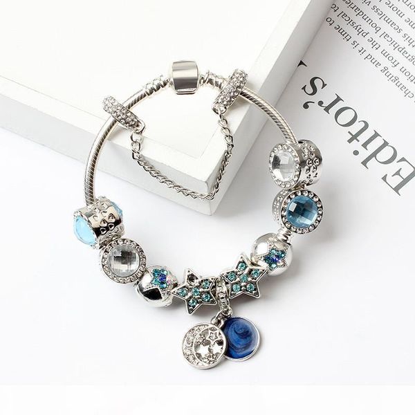 

2018 charm pandor bracelets blue cats eyes beads bracelet 925 silver bracelets bright stars moon bangle diy jewelry, Golden;silver