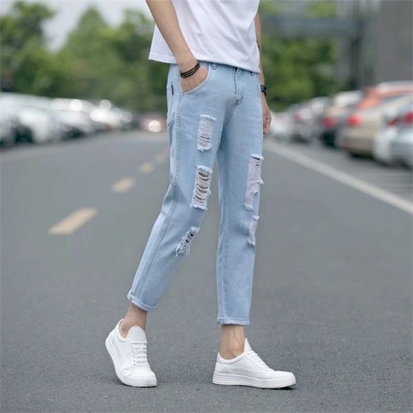 

hong kong fengchun summer water wash white hole youth all-match men's nine-point jeans korean-style slim leggings tide, Black