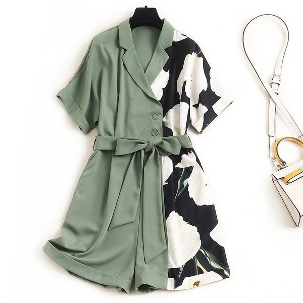 

women rompers and playsuits summer 2020 short sleeve notched collar dsigner floral print color block patchwork overalls green, Black;white