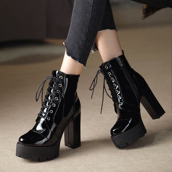 

boots women platform chunky heeled bootie shoes autumn winter ankle round toe lace-up high heel ladies, Black
