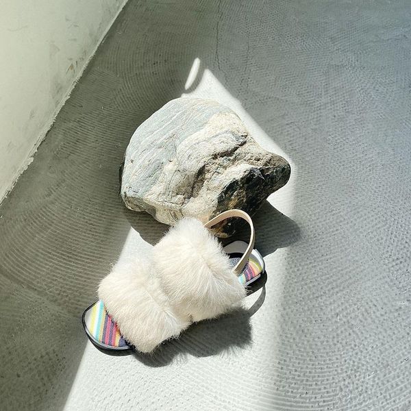 

new real rabbit hair open fingered refreshing simplicity women shoes flat sole black buckle comfortable slipper summer sandals