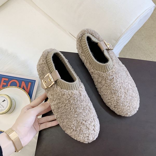 

fur loafers women winter plush flats slip on warm shoes lady buckle moccasins womens comfortable cotton shoes o4-54, Black