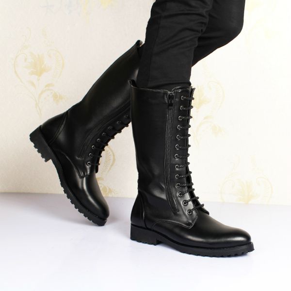 

korean fashion men motorcycle night club wear long boots natural leather shoes lace-up high boot chaussure homme botas zapatos, Black